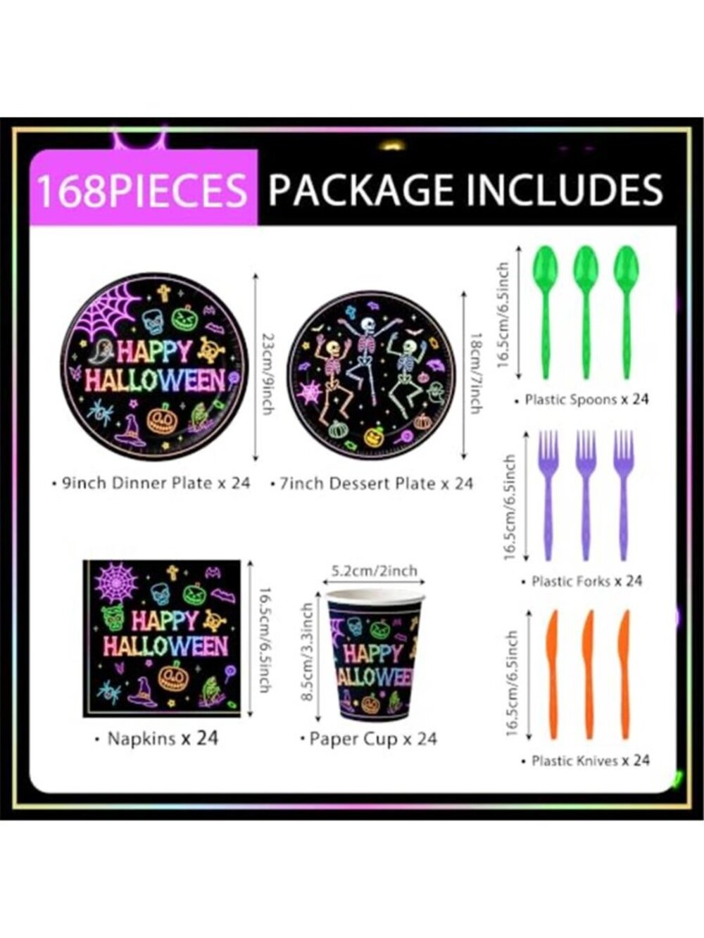 168pcs Halloween Plates Napkins Party Supplies Neon Black Party Decorations | - Picture 2 of 7